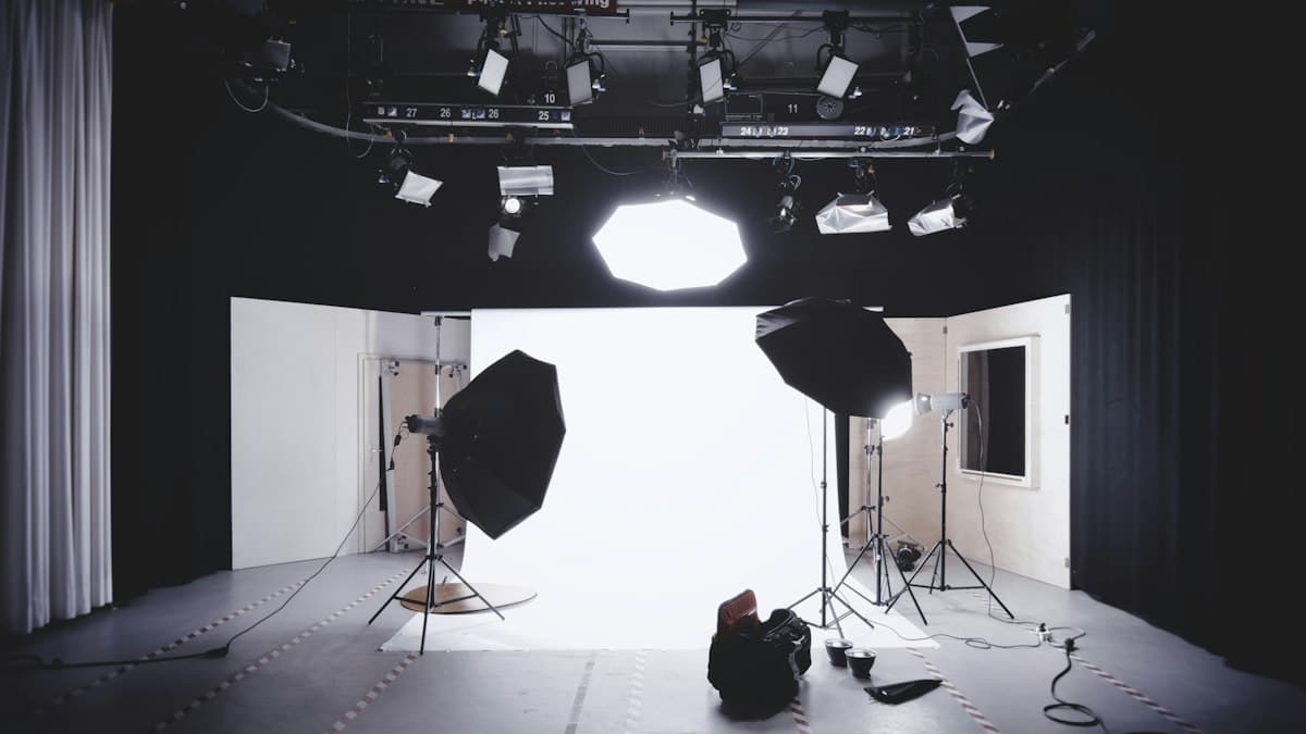 Photo studio with lights set up for a shoot